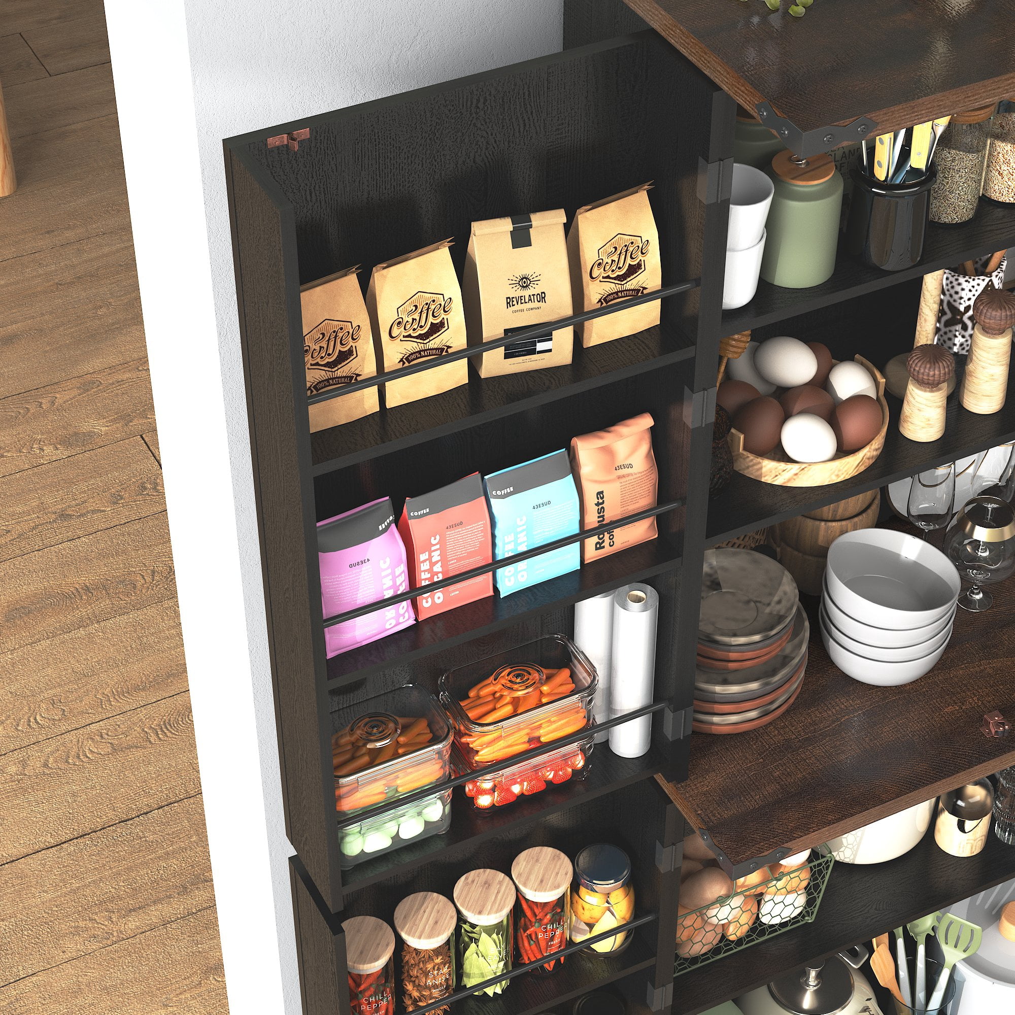 71" Tall Farmhouse Kitchen Pantry with 12 Side Shelves & Adjustable Shelves, 5 Layers Pantry Storage Cabinet w/Load-Bearing Steel Pipe & 4 Barn Doors for Kitchen, Dining Room, Living Room, Black