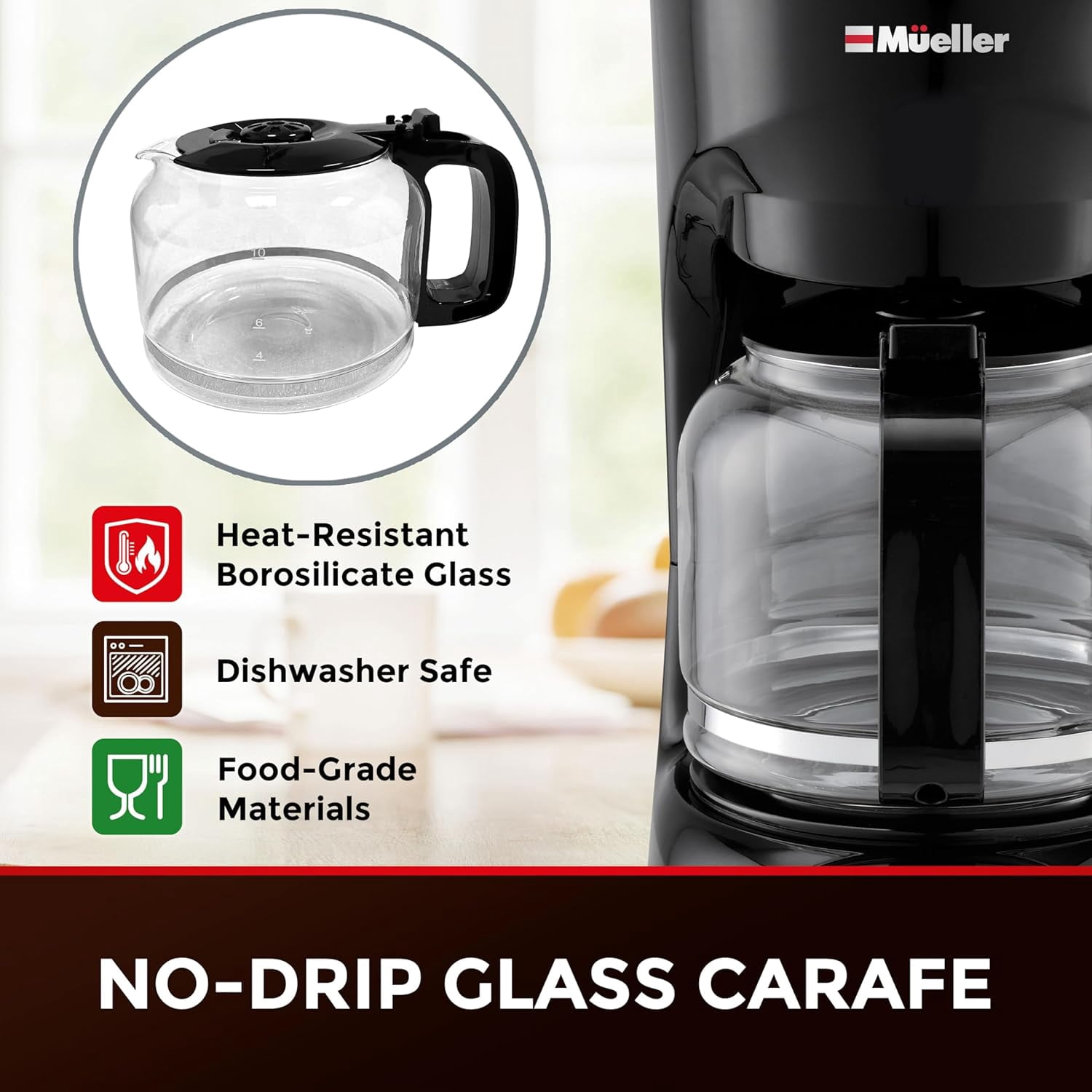 Mueller 12-Cup Drip Coffee Maker - Borosilicate Carafe, Auto-Off, Reusable Filter, Anti-Drip, Keep-Warm Function, Clear Water Level Window Coffee Machine, Ideal for Home or Office