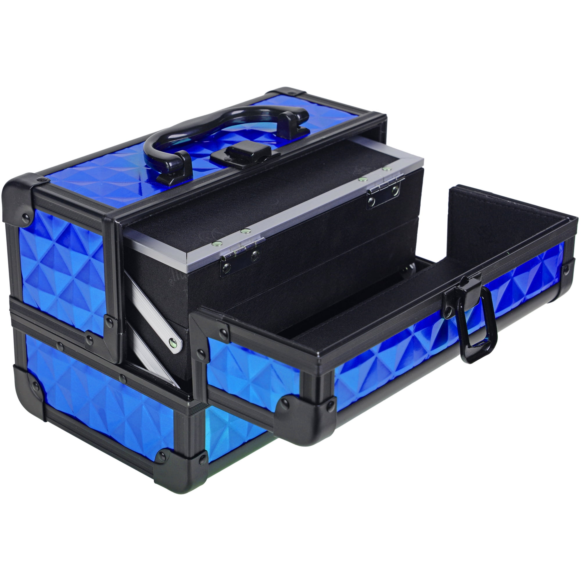SHANY Chic Makeup Train Case Cosmetic Box Portable Makeup Case Cosmetics Beauty Organizer Jewelry storage with Locks , Multi trays Makeup Storage Box with Makeup Mirror - Peacock Blue