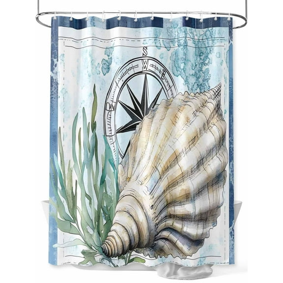 Fsddascl Coastal Ocean Shower Curtain Set - 48" x 72" Washable Bathtub Curtain with 12 Hooks, Summer Nautical Compass Shell Seaweed Waterproof Fabric Stall Shower Curtains for Bathroom/Bathtub