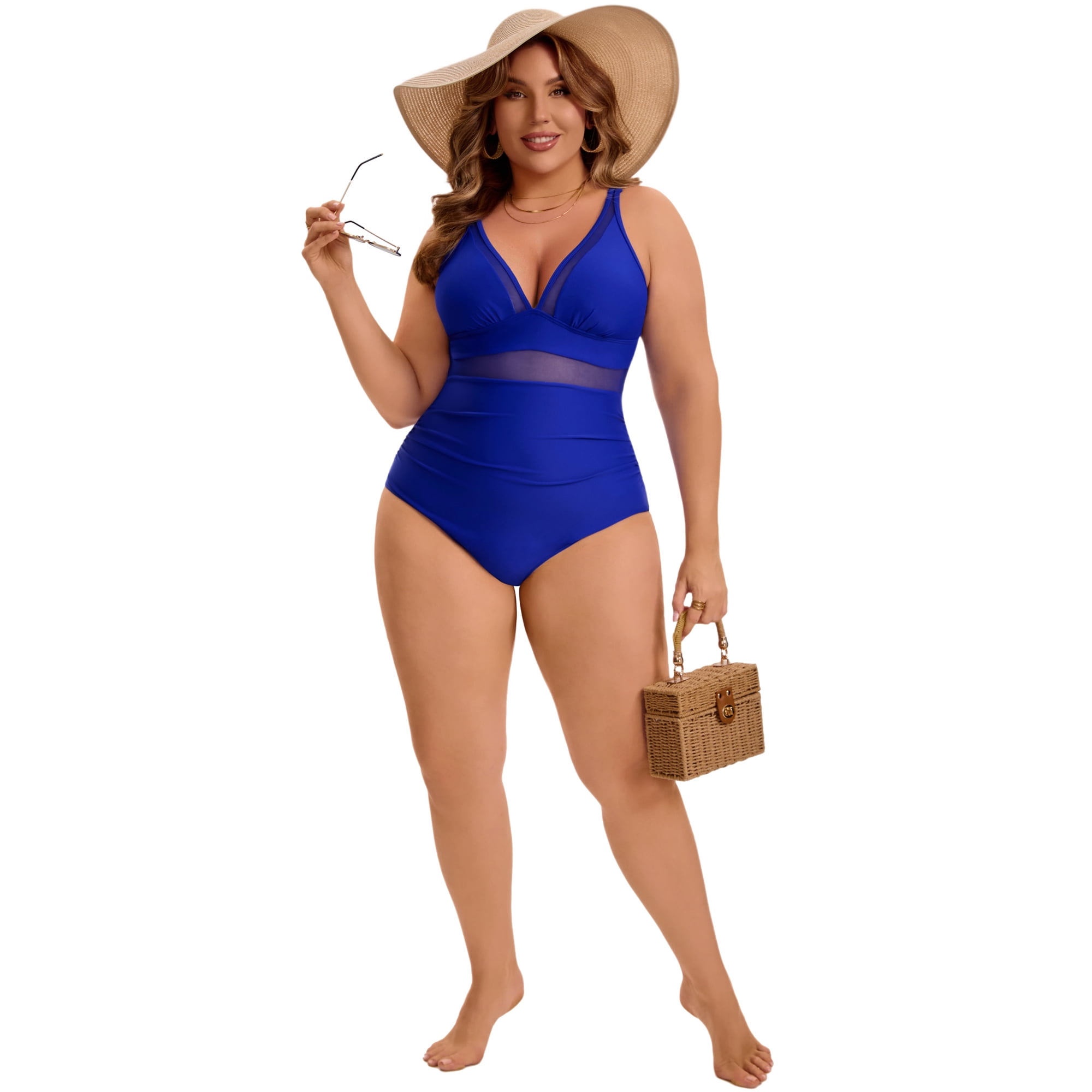 DARING DIVA Women's Plus Swimsuit Mesh V Neck Bathing Suit 3X Blue