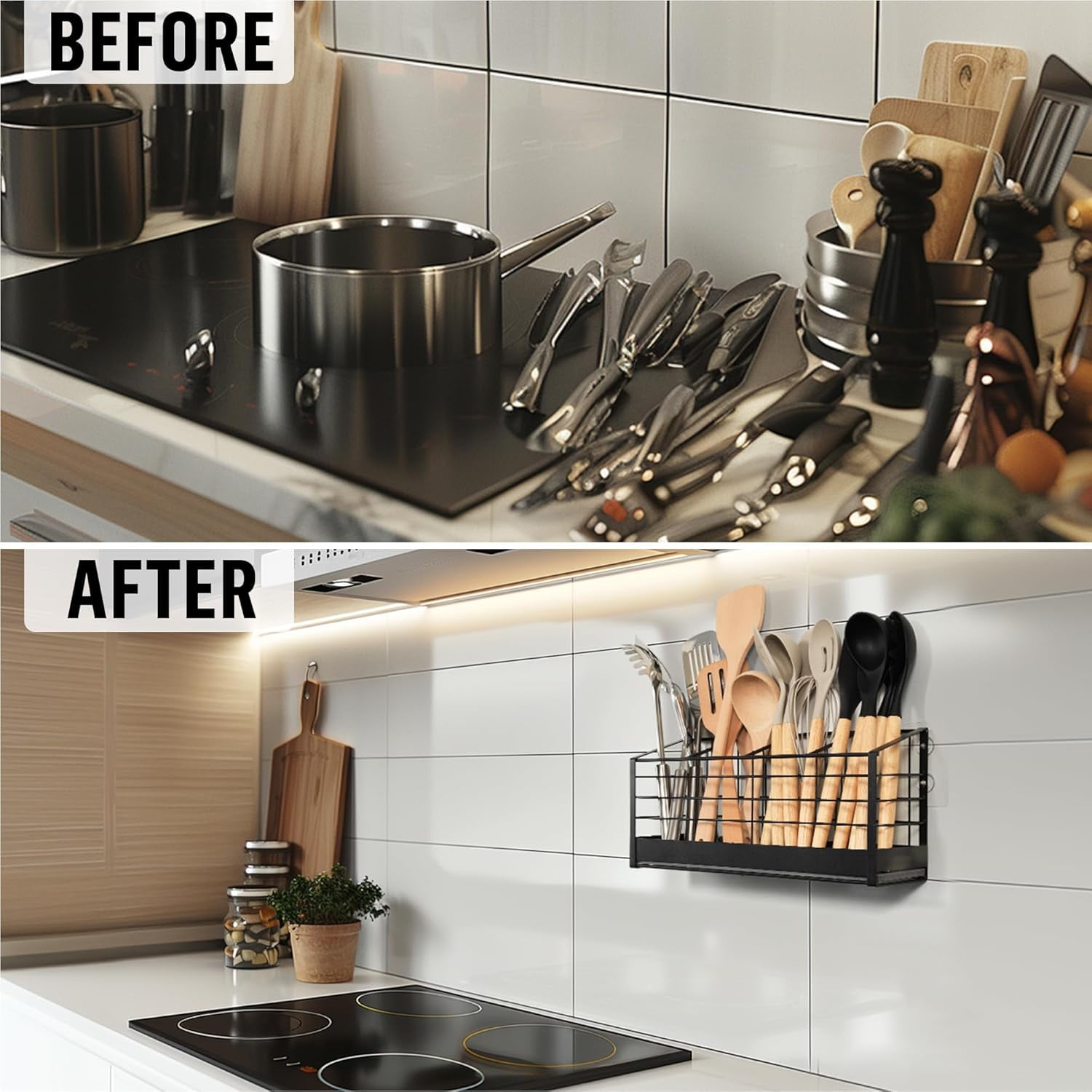 Behome Extra Large Kitchen Utensil Holder, 4 Compartments & Diatomaceous Earth Base, Wall Mounted Anti Rust Metal Holder for Kitchen Counter, Farmhouse Cooking Utensil Storage, Black