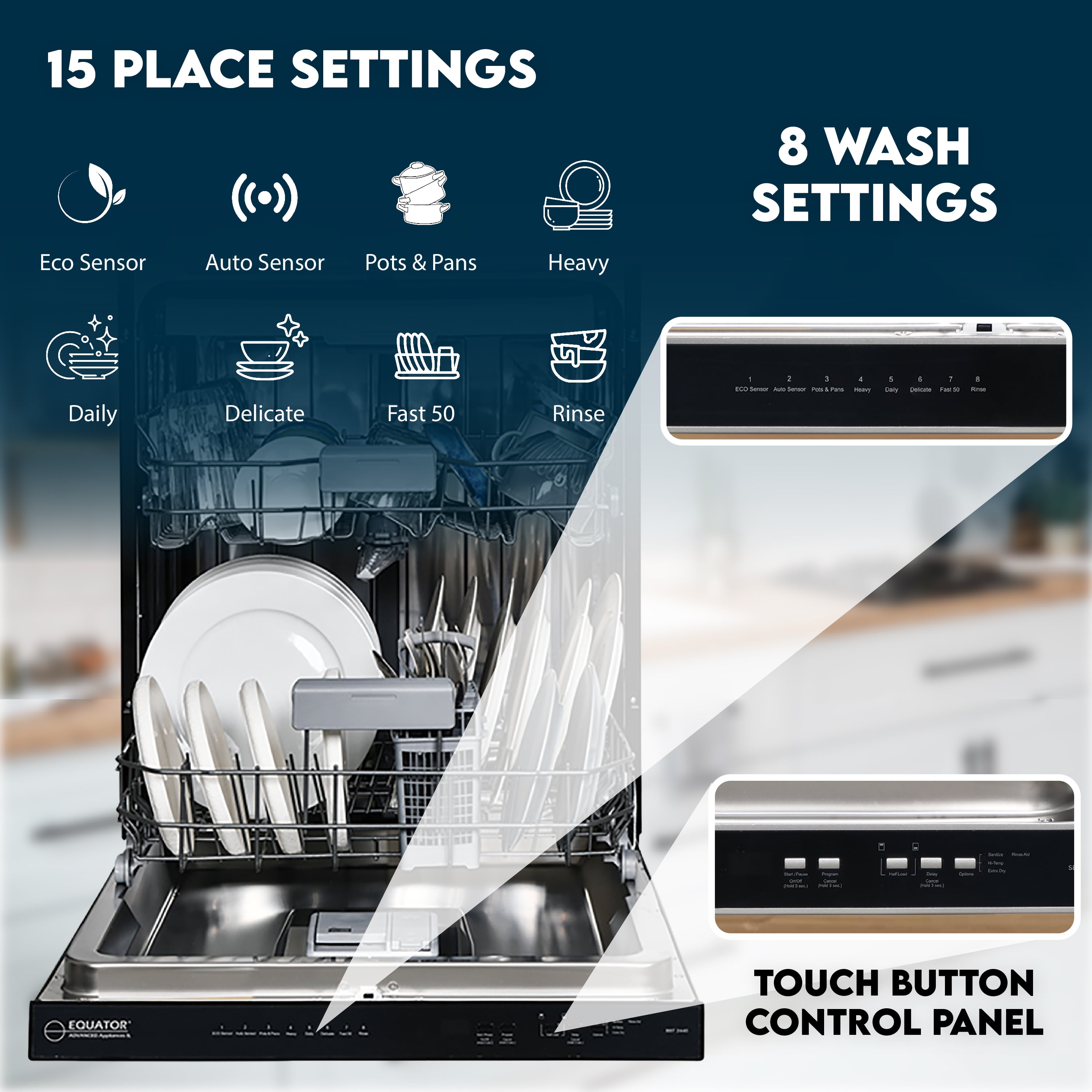 Equator 24" Built-In Dishwasher with 8 wash settings, Quiet operation and Touch Button Control Panel Made in Europe