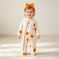 thumbnail image 2 of KPOPLK Baby Girl Halloween Footed Romper 3 6 9 12 18 Months Ghost Pumpkin Print Zipper Jumpsuit with Bow Headband, Infant Fall Sleeper Beige,Size 3M, 2 of 9
