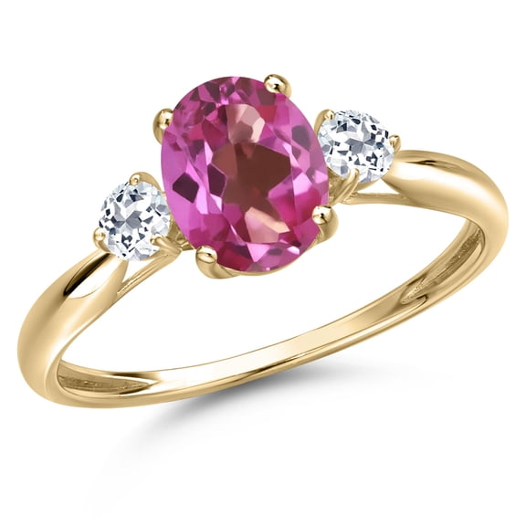 Gem Stone King 10K Yellow Gold Pink Mystic Topaz and White Topaz 3-Stone Ring for Women | 1.58 Cttw | Oval 8X6MM | Gemstone November Birthstone | Size 9