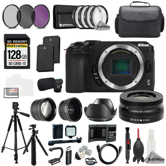 Nikon Z30   Z DX 16-50mm f/3.5-6.3 VR Lens   Mic  128GB   9 PC Filtr-MEGA Kit (International Version)