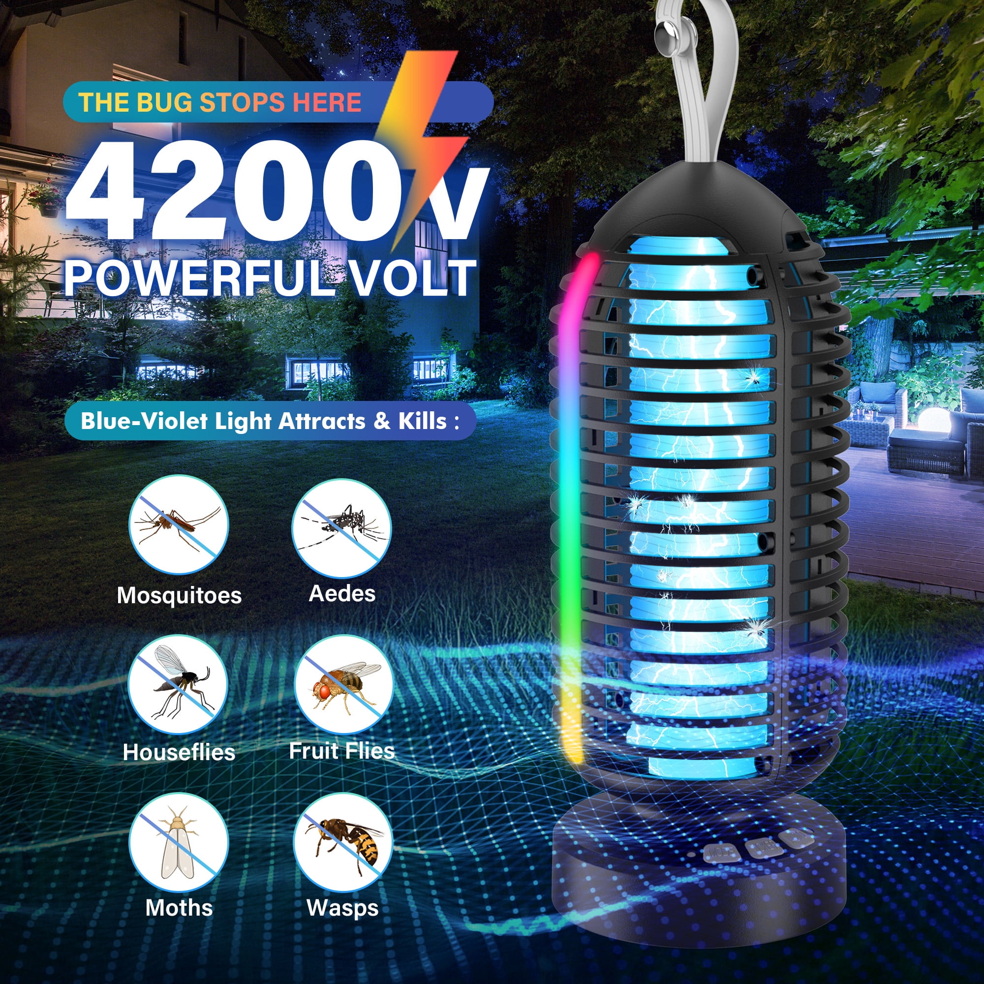 Reppiss Electric Bug Zapper Outdoor, Fly Mosquito Killer Lamp with Color Chaning LED Light for Patio, Camping, Black