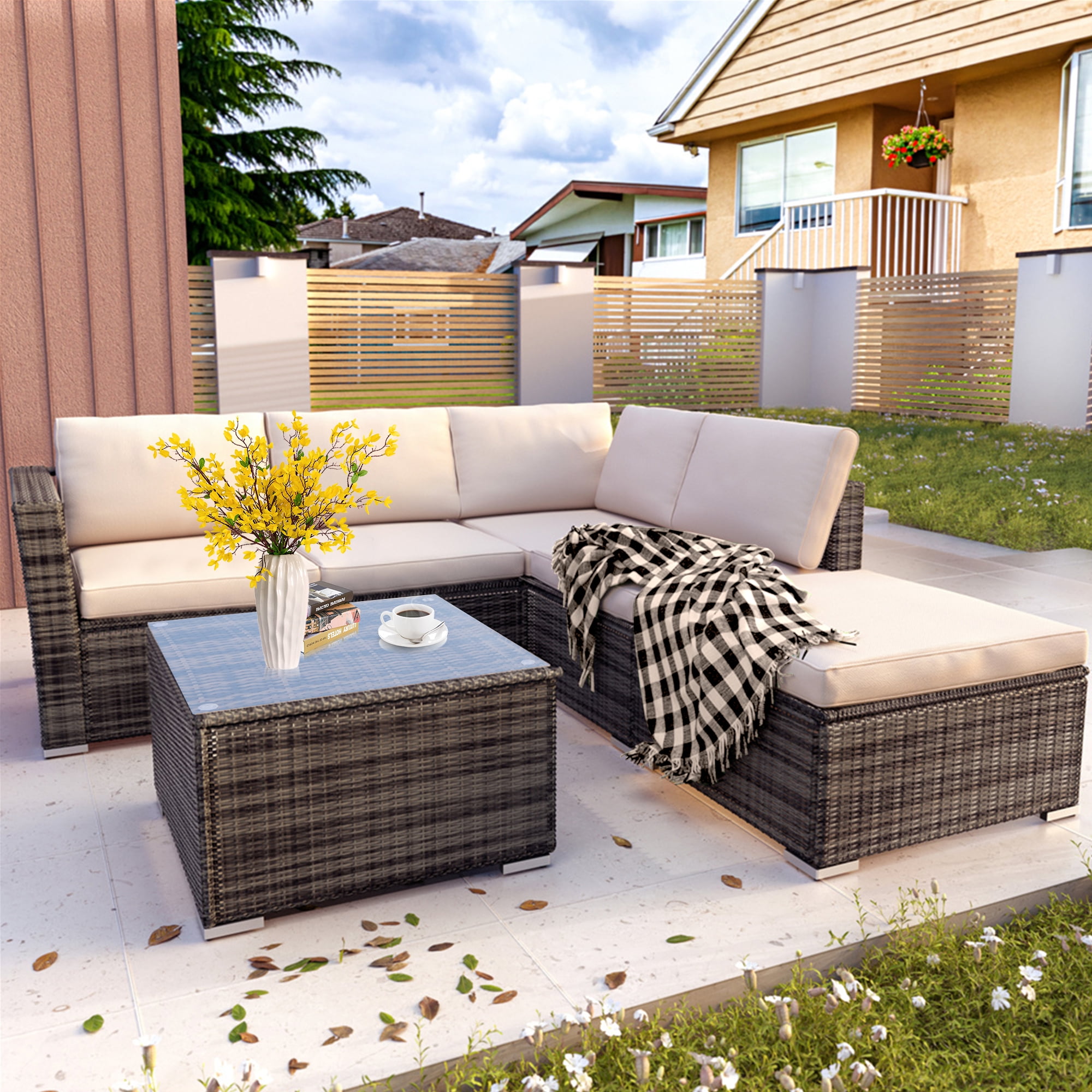 Vær stille indhold Panter Rattan Patio Sofa Set, 4 Pieces Outdoor Sectional Furniture Set for 3,  All-Weather PE Rattan Wicker Patio Conversation Set, Cushioned Sofa Set  with Glass Table B993 - Walmart.com