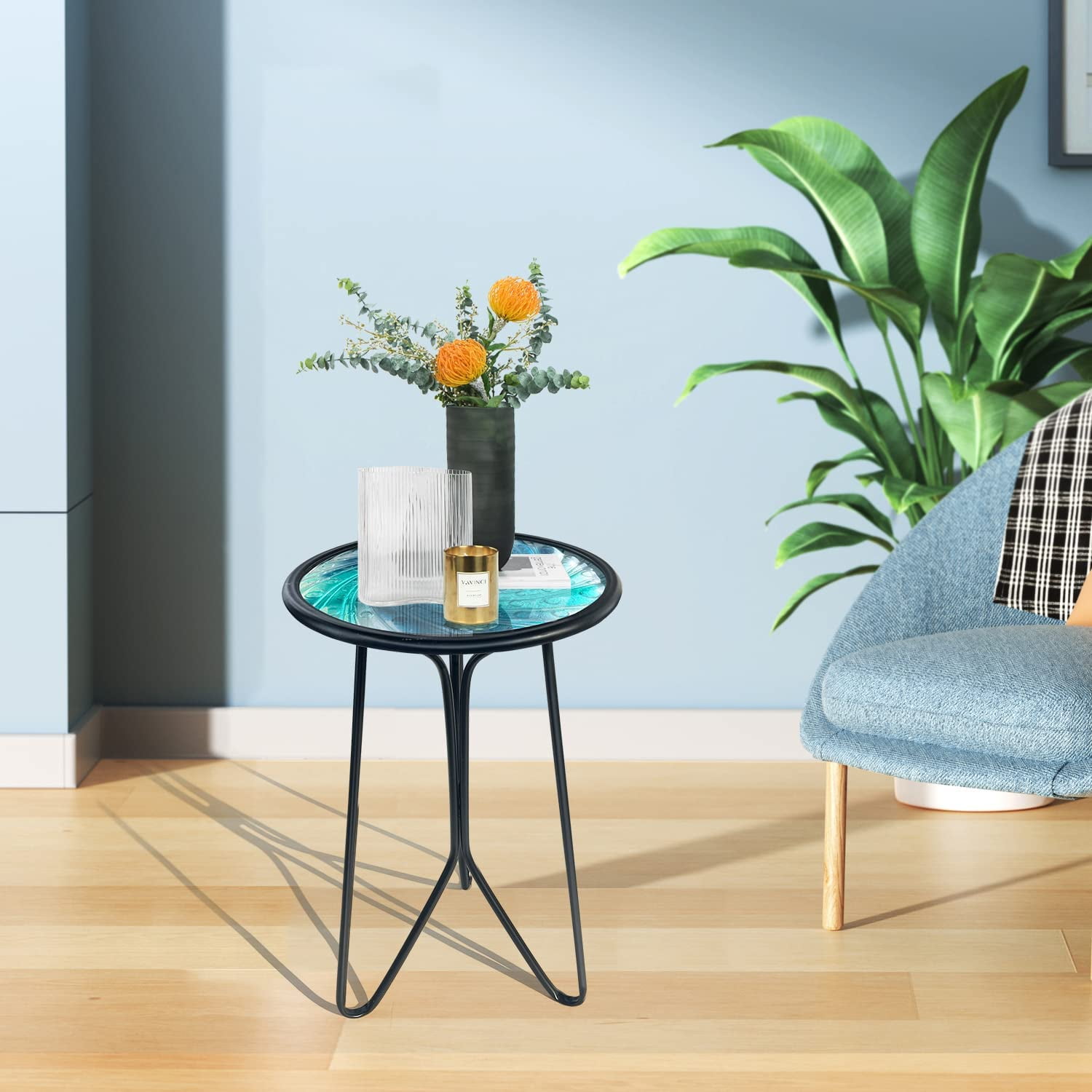 Liffy Blue Vortex Glass Side Table, 12" Round End Table, Plant Stand for Patio, Living Room