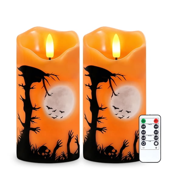 Halloween Flameless Candles Set of 2, 6"x3" Real Wax LED Candles with Remote & Timer, Flickering Electric Pillar Candles Battery Operated, Orange Candles Light for Spooky Home Halloween Decor