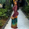 thumbnail image 2 of Women's Floral Color Spliced Ruffled Deep V-Neck Long Flare Sleeve Hips Wrapped Long Dress, 2 of 18