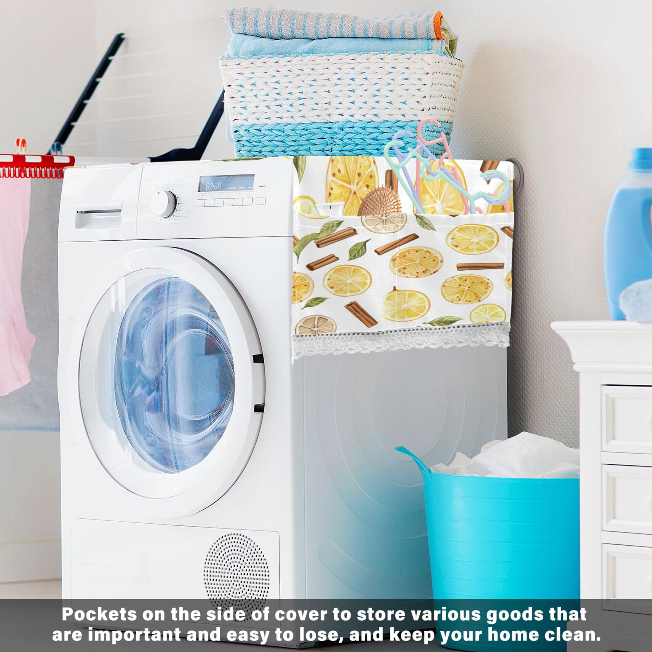 Lemon Cinnamon PatternWasher and Dryer Covers Dust-Proof and Oil Resistant Fridge Cover with 4 Storage Pockets Washing Machine Top Cover for Laundry Kitchen Home 51.2 x 22 In