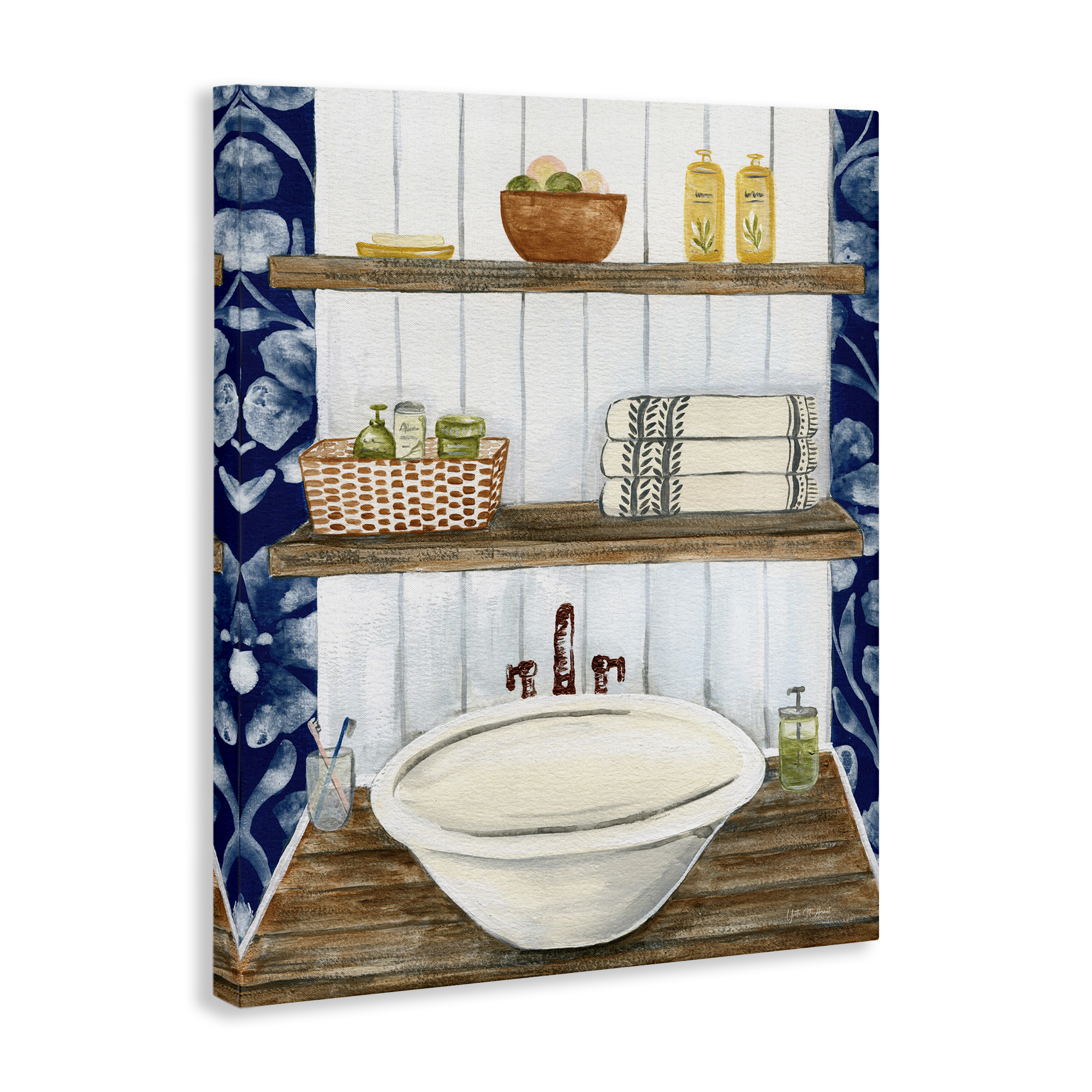 Stupell Industries Bold Blue Bathroom Typography Painting Gallery Wrapped Canvas Art Print Wall Art, 16 x 20