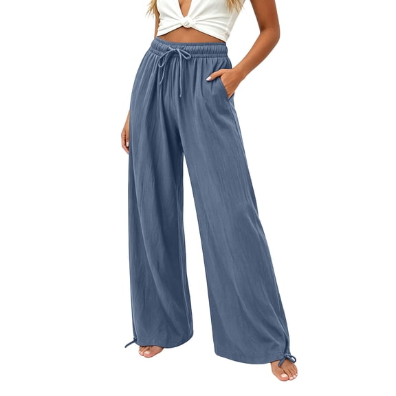 Kilaqueen Casual Wide Leg Pants for Women Loose Fit Lightweight Drawstring High Waisted Palazzo Pants Summer Flowy Beach Baggy Trousers with Pockets