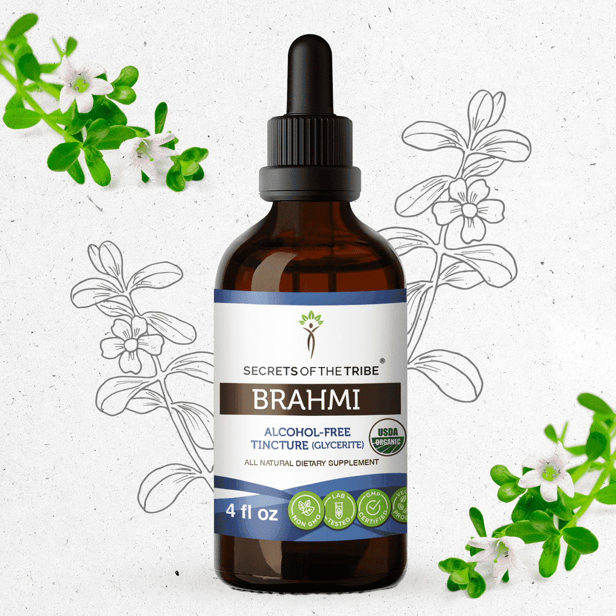 Secrets Of The Tribe Brahmi Organic Tincture Dietary Supplement, Natural Herbal Extract for Memory Support, Certified Organic Brahmi (Bacopa monnieri) Dried Herb, Alcohol-Free Extract, Drops 4 oz