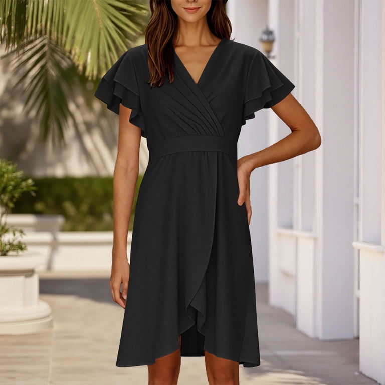 navy blue dress for baby girl Jinhomg Women's Cocktail Dress Trendy Wrap V Neck A Line Dresses Flowy  Swing Ruffle Short Sleeve Midi Dress formal Wedding Guest Dress Wine XXL