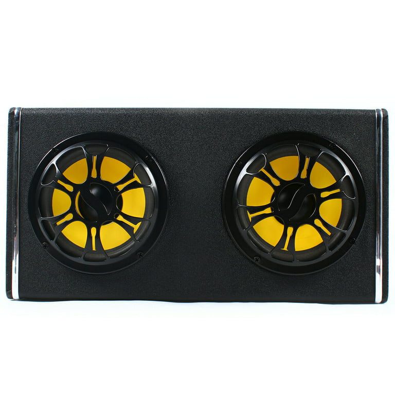 Small Toy Truck Carries A Large Black Subwoofer Or Audio Speaker