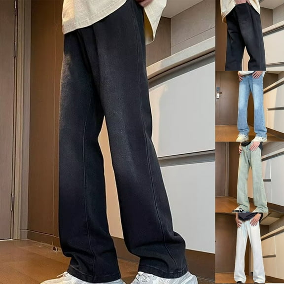 Isvgxsz New Denim Pants for Men Fashion Comfort Waist Wide Leg Pants Men Solid Breathable Long Pants Pocket Button Front Mid Waist Relaxed Fit Jeans Black M