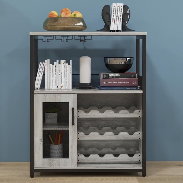 Ourlova 3-Tier Wine Bar Cabinet with Detachable Wine Rack Glass Holder and Mesh Door Buffet Cabinet for Kitchen Living Room and Bar Ample Storage Space