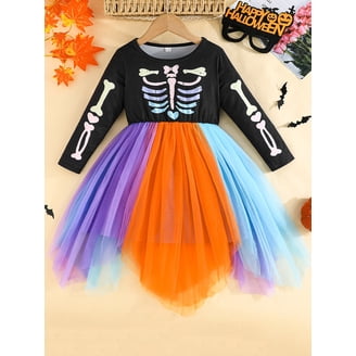 Girls Skeleton Onesie With Rainbow Tutu – Halloween Party Fancy Dress Outfit (Black, 100% Polyester)