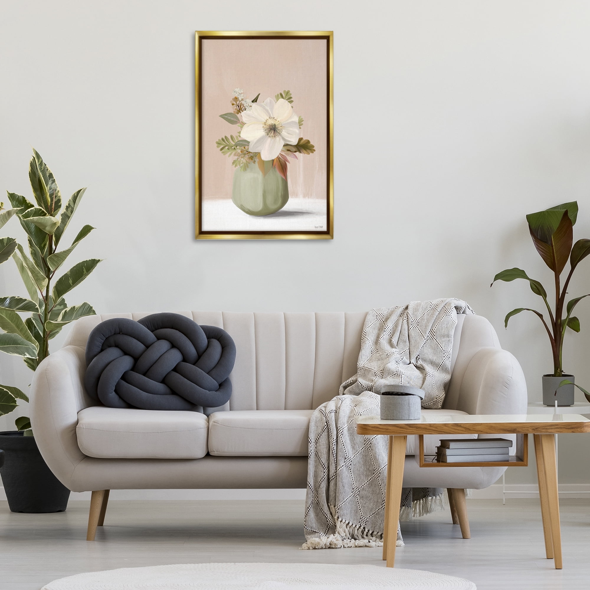 Stupell Industries Peach Pink Vase Botanical & Floral Painting Gold Floater Framed Art Print Wall Art, 21 x 31