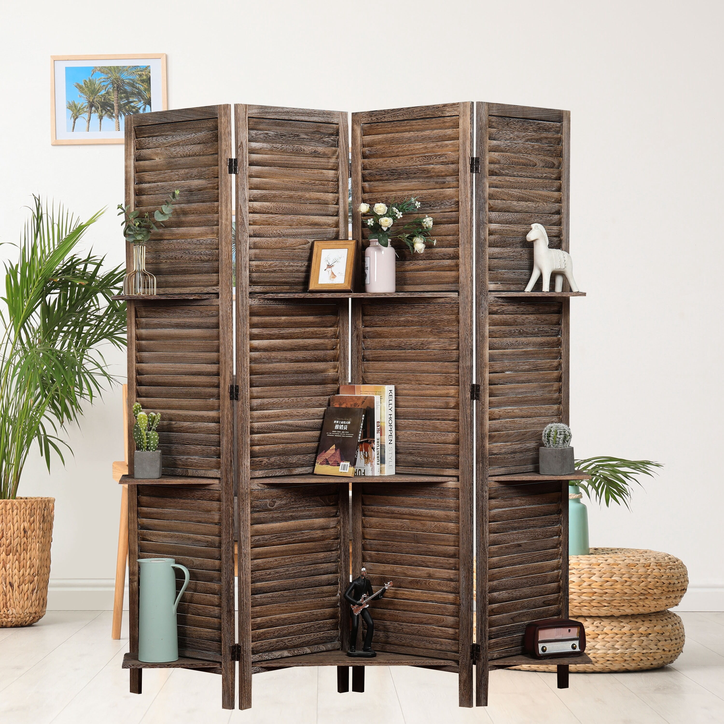 Proman Products Rancho Shelf 4 Panel Room Divider , Folding Screen, Privacy Screen, Paulownia Wood, Rustic Brown