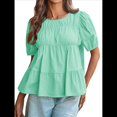 thumbnail image 3 of Camisetas Babydoll Peplum con Mangas Abullonadas para Mujer, de Algodón Ahumado Plisado, Holgadas e Informales, de Verano. Calabaza Verde L, 3 of 10