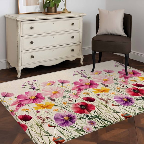 3'x5' Area Rugs, Spring Flowers Indoor Outdoor Area Rug for Living Room Bedroom, Vintage Botanical Garden Florals Herbs Washable Bathroom Rugs Kitchen Floor Carpet Mats Home Decor Aesthetic