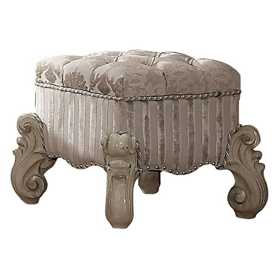 Benzara Tufted Fabric Upholstered Wooden Vanity Stool with Scrolled Legs, Bone White