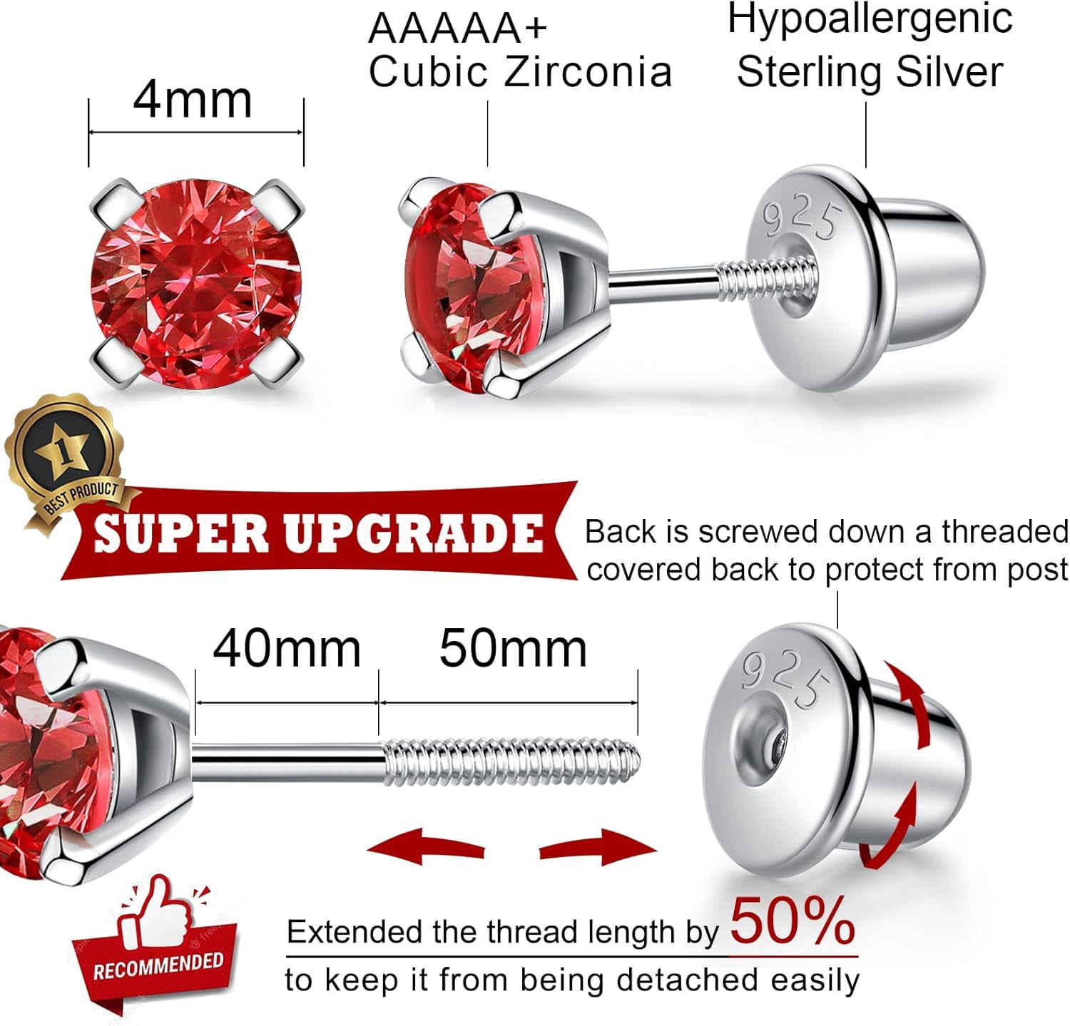 925 Sterling Silver Earrings Stud With Screwback Cubic Zirconia For Women Earring With Screw Backs Cz Hypoallergenic (Cz-White)[Z5963]