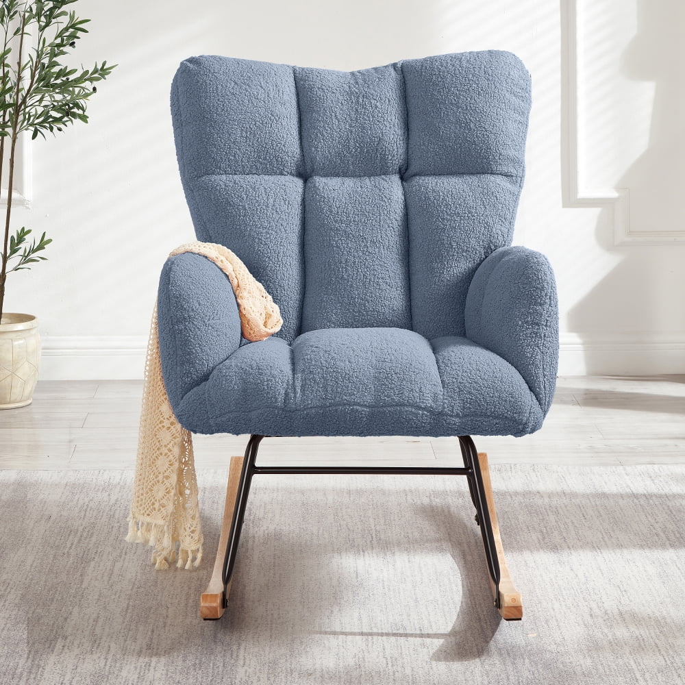 DECMAY Glider Chair for Living Room, Tufted Upholstered Teddy Fabric Rocking Accent Chair with Metal Frame and Wooden Legs