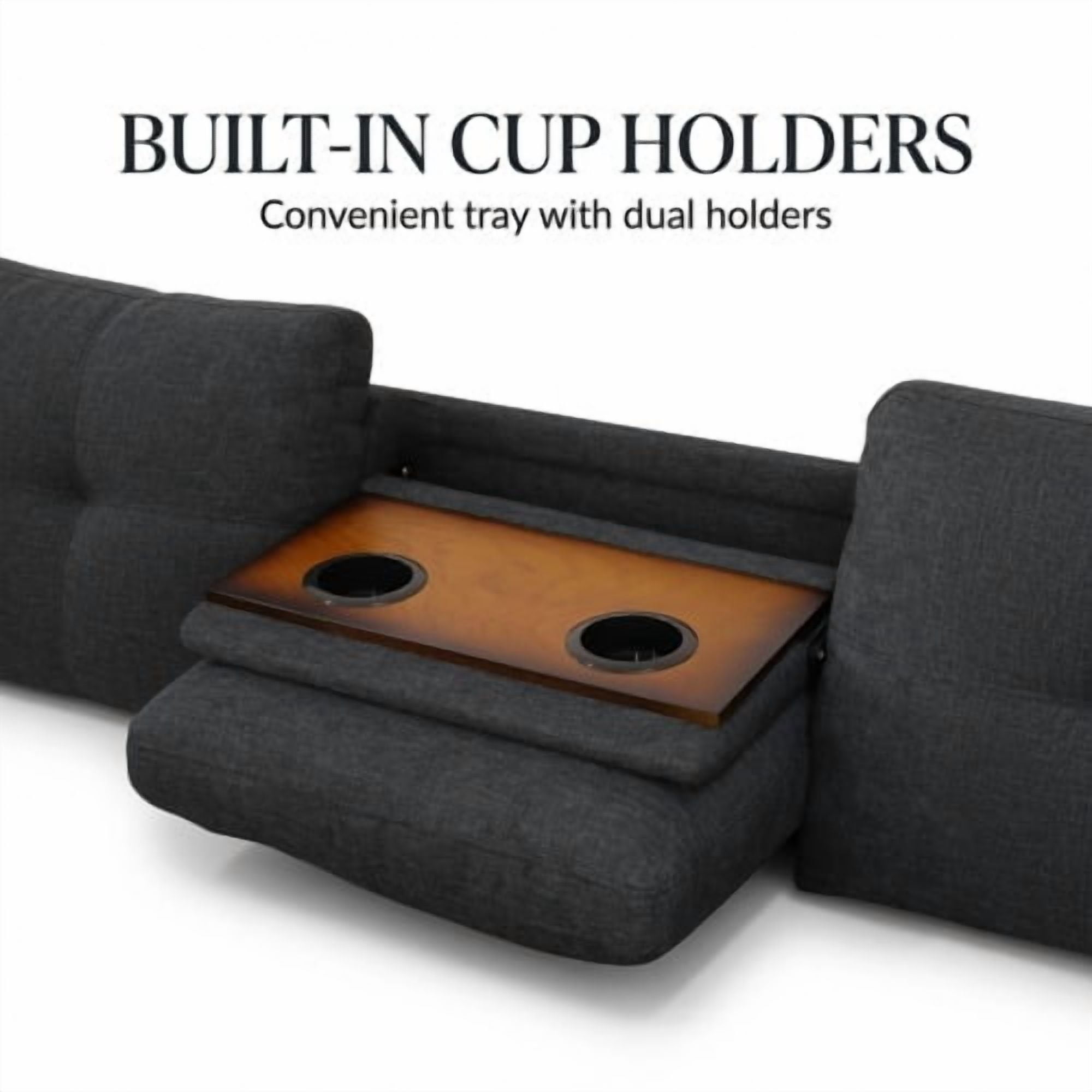 97.5" L-Shaped Sectional Sofa, 2-Piece Modular Couch with Right Chaise, Black Grey Linen, Built-in Cup Holders, Nailhead Trim, Solid Wood Frame