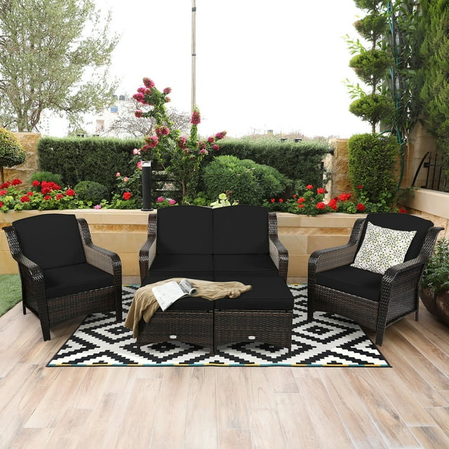 Costway 5PCS Patio Rattan Furniture Set Loveseat Sofa Ottoman W/Black Cushion