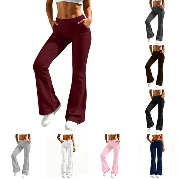 uvwlwu Womens High Waist Flared Yoga Pants Elastic Waist Casual Bell Bottom Trousers with Side Pockets Stretch Comfort Active Bottoms for Daily Workout Wear,S