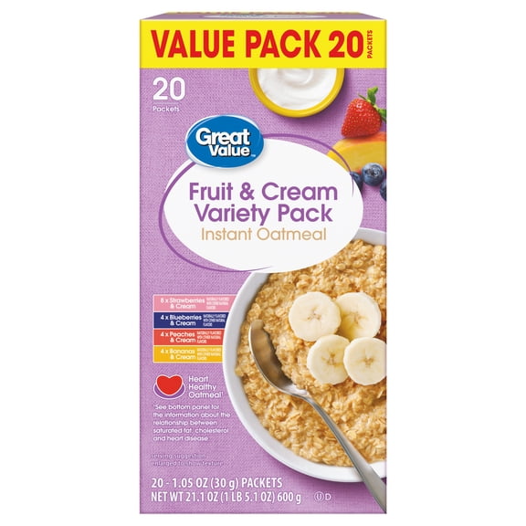 Great Value Fruit and Cream Instant Oatmeal Variety Pack, 1.05 oz, 20 Count