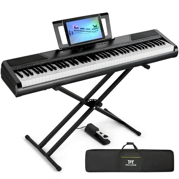 MUSTAR 88 Keys Semi Weighted Digital Piano Portable Electric Keyboard for Beginners with Pedal, Stand, 2x25W Stereo Speakers, Storage Bag (Black)