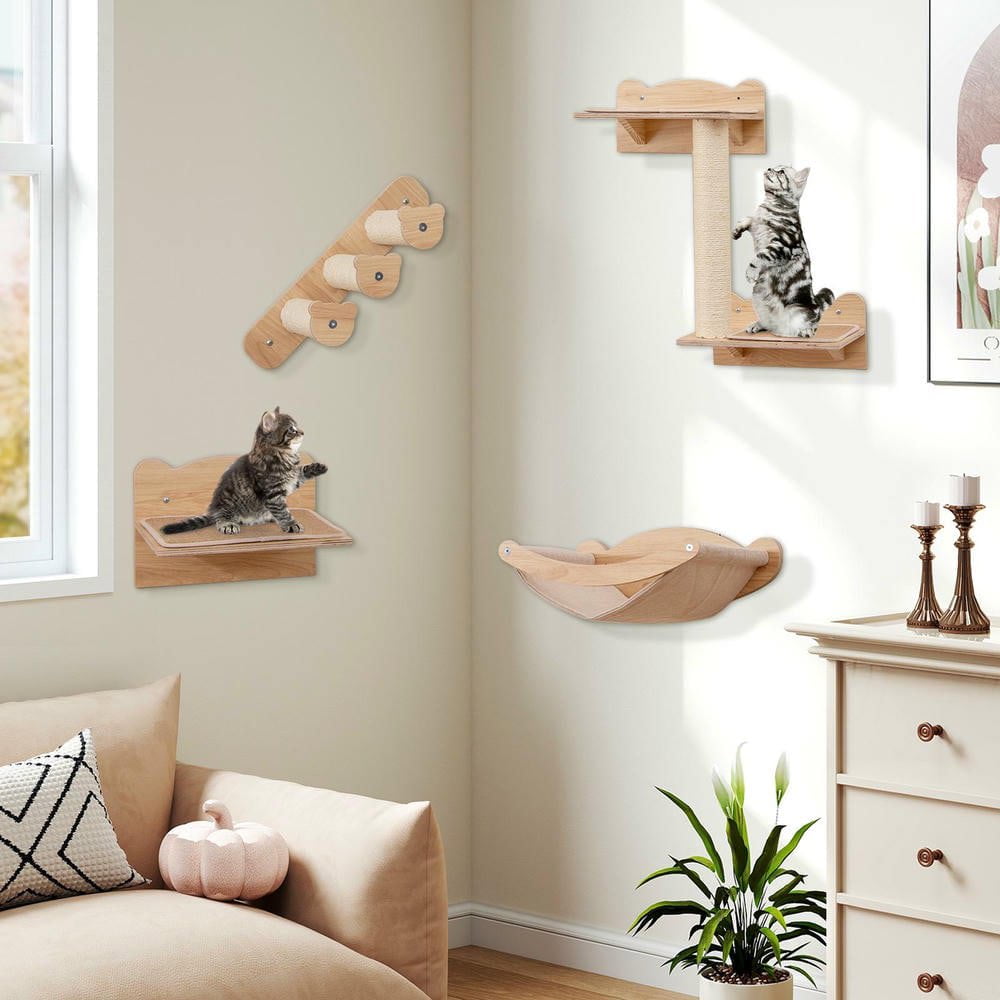 Resenkos Wall-Mounted Cat Furniture Set of 4 Pieces with Hammock and Steps, Natural