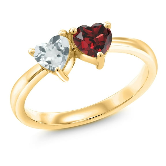 Gem Stone King 18K Yellow Gold Plated Silver Sky Blue Aquamarine and Red Garnet Ring for Women (1.02 Cttw, Gemstone Birthstone, Size 8)