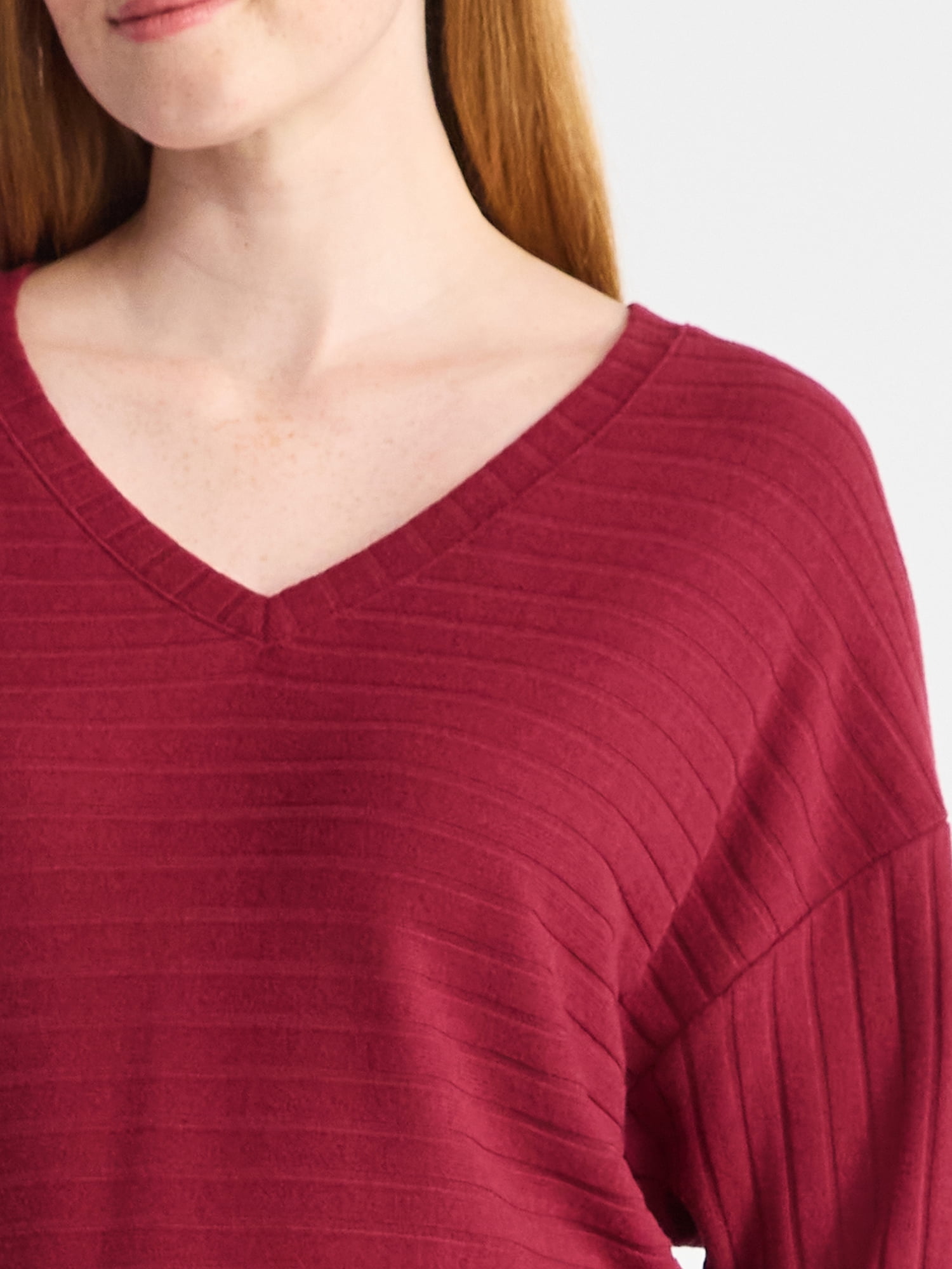 Time and Tru Women's Ribbed Hacci Knit V Neck Top with Long Sleeves, Sizes XS-XXXL