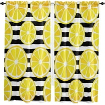 Summer Yellow Lemon Filling Kitchen Curtains 84 Inches Long, White Black Stripes Grain Rod Pocket Window Curtains Panels for Bathroom, Light Filtering Treatment Curtains Drapes 52''''x84''''