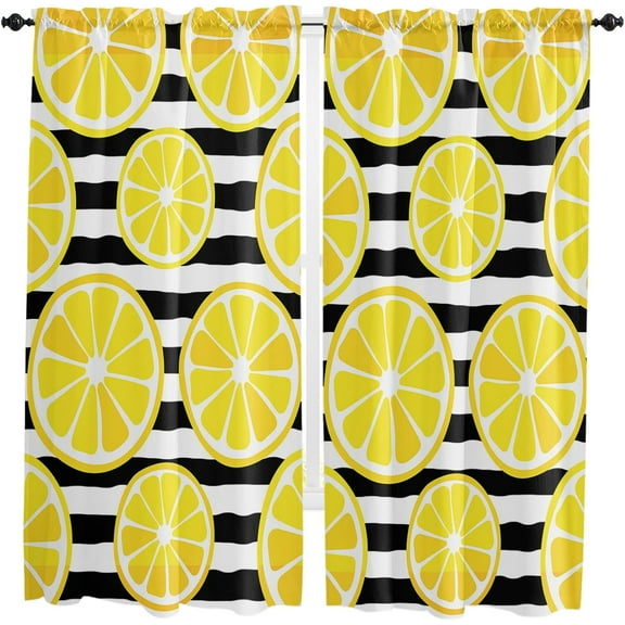Summer Yellow Lemon Filling Kitchen Curtains 84 Inches Long, White Black Stripes Grain Rod Pocket Window Curtains Panels for Bathroom, Light Filtering Treatment Curtains Drapes 52''''x84''''