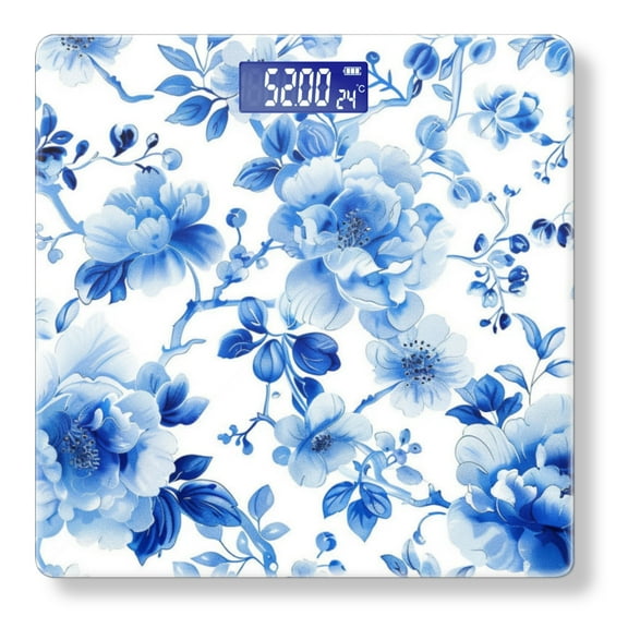 High Precision Body Weight Scale Smart Bathroom Scales with Large LCD Display(400lbs),Decorative for Bedroom-Blue And White Porcelain Pattern Peony Flowers
