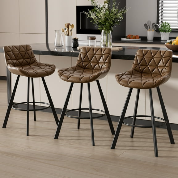 iooHug Brown Bar Stools Set of 3, 26 Inch Counter Height Bar Stools with Diamond Quilted Back, PU Leather Non-Swivel Kitchen Island Stools, 350 LBS