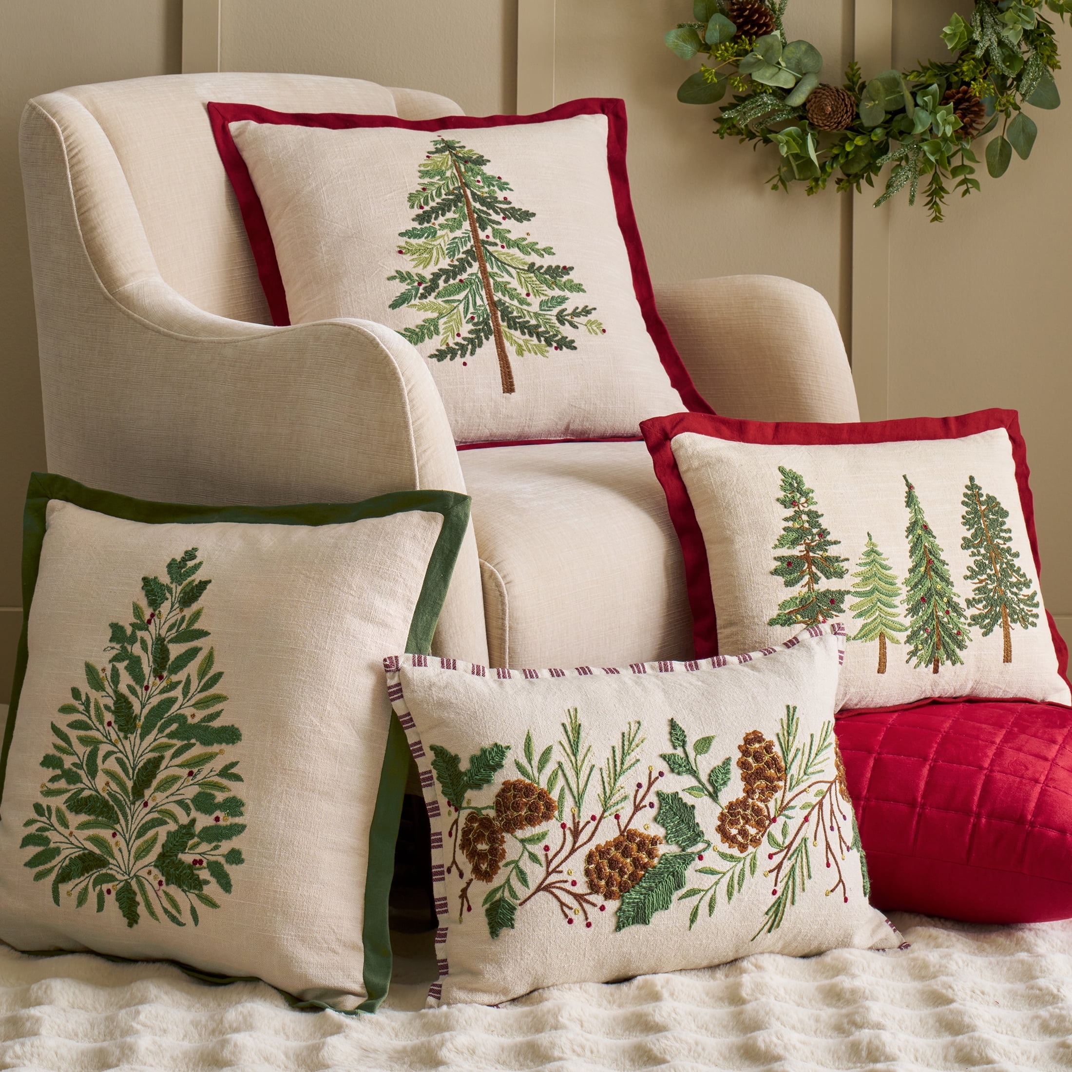 Better Homes & Gardens 20x20 Green Embroidered Holiday Tree Throw Pillow