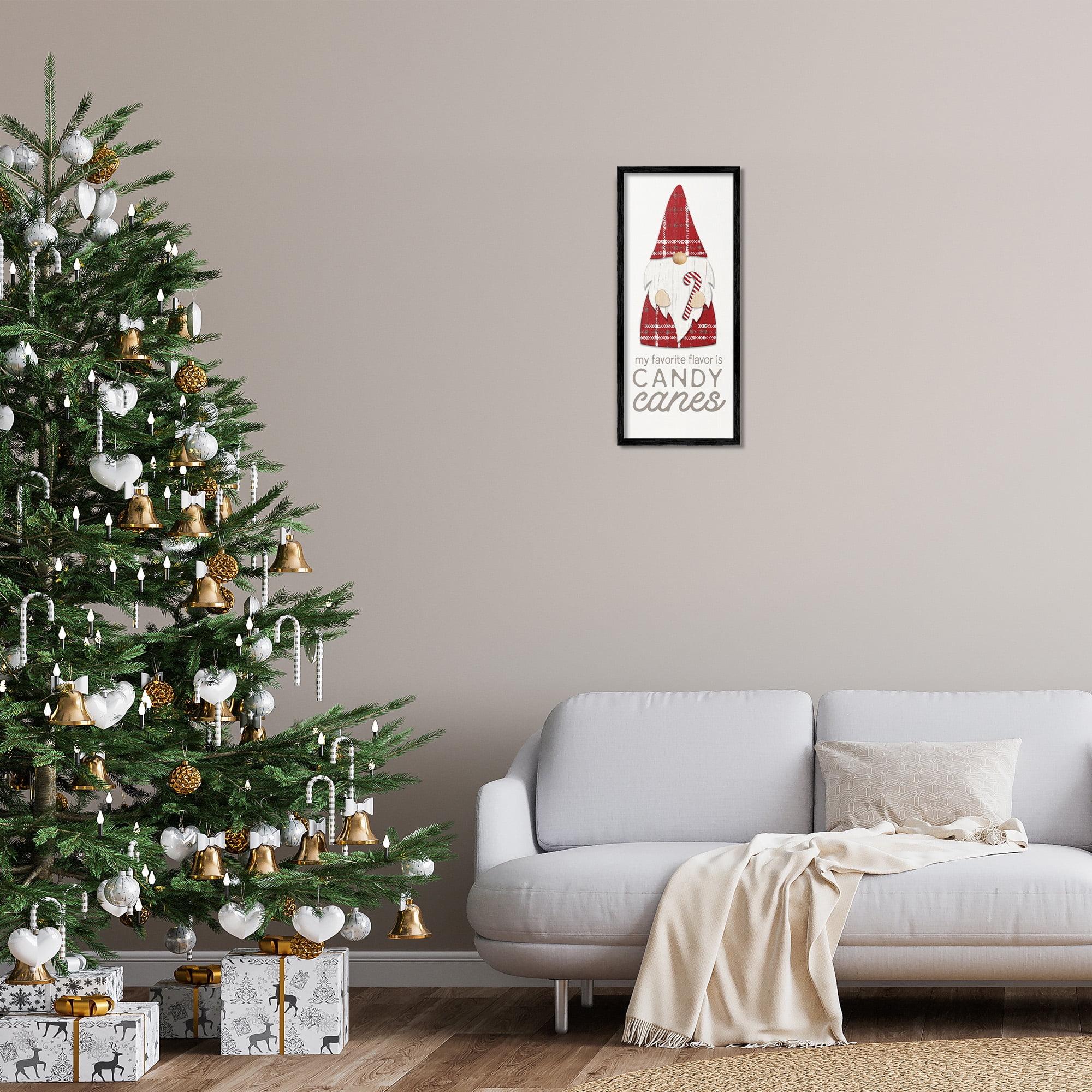 Stupell Industries Christmas Gnome with Candy Cane Holiday Painting Black Framed Art Print Wall Art, 10 x 24