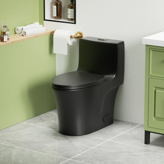 Alvantor One-Piece Toilet, 1.1/1.6 GPF Powerful Dual Flush Elongated Toilet, Button on Tank top, Soft Closing Seat Black