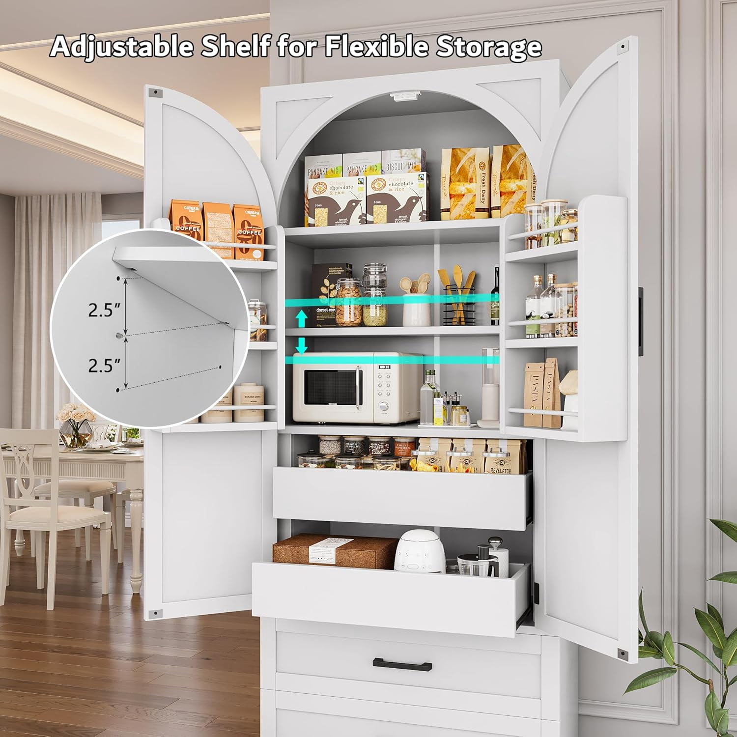 iPormis 71" Tall Kitchen Pantry Storage Cabinet with Adjustable Shelf, Large Drawers & Door Shelves, Freestanding Farmhouse Kitchen Cupboard for Dining Room/Living Room, White