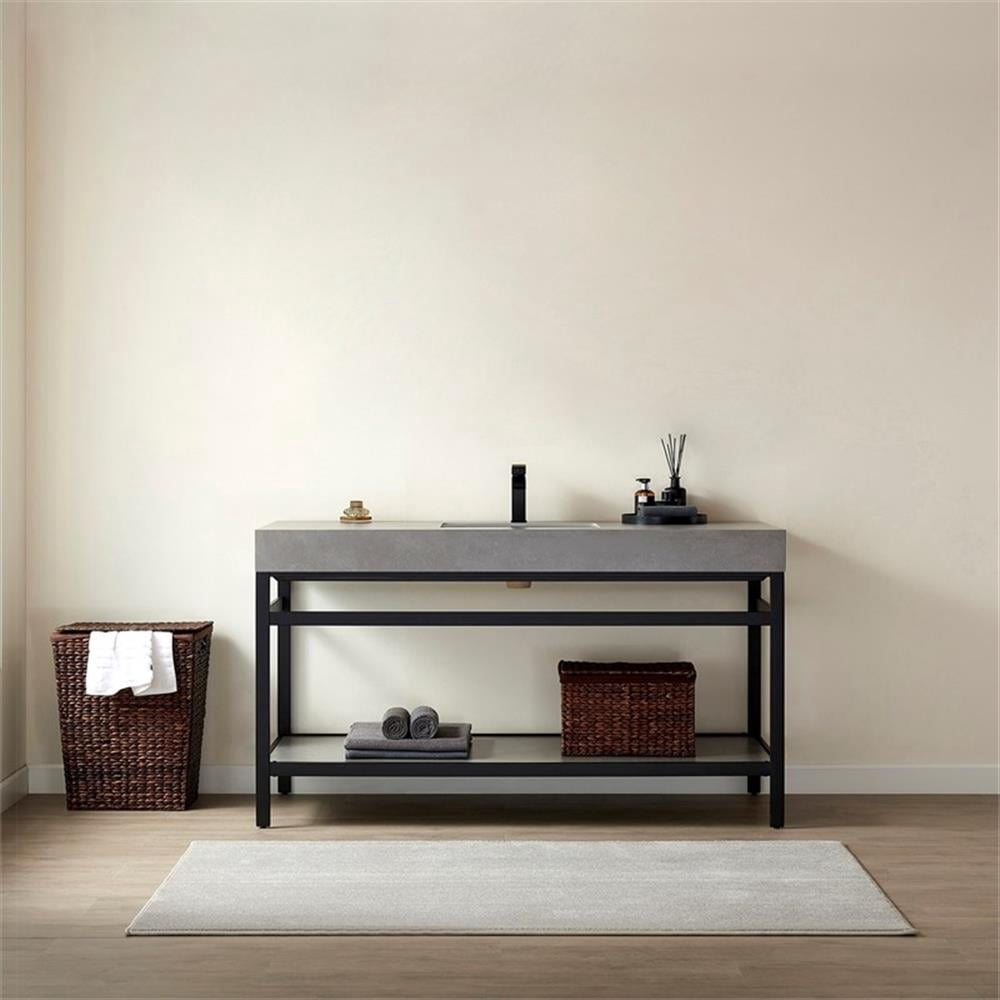 Funes 60" Single Sink Bathroom Vanity in Matte Black Frame Gray Top No Mirror