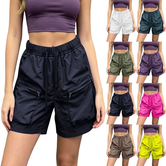 Plus Size Women's Shorts Comfy Elastic Waist Shorts Quickshorts Elastic Waist Drawstring Lightweight Hiking Shorts With Zipper Pockets for Outdoor Casual Wear Black M