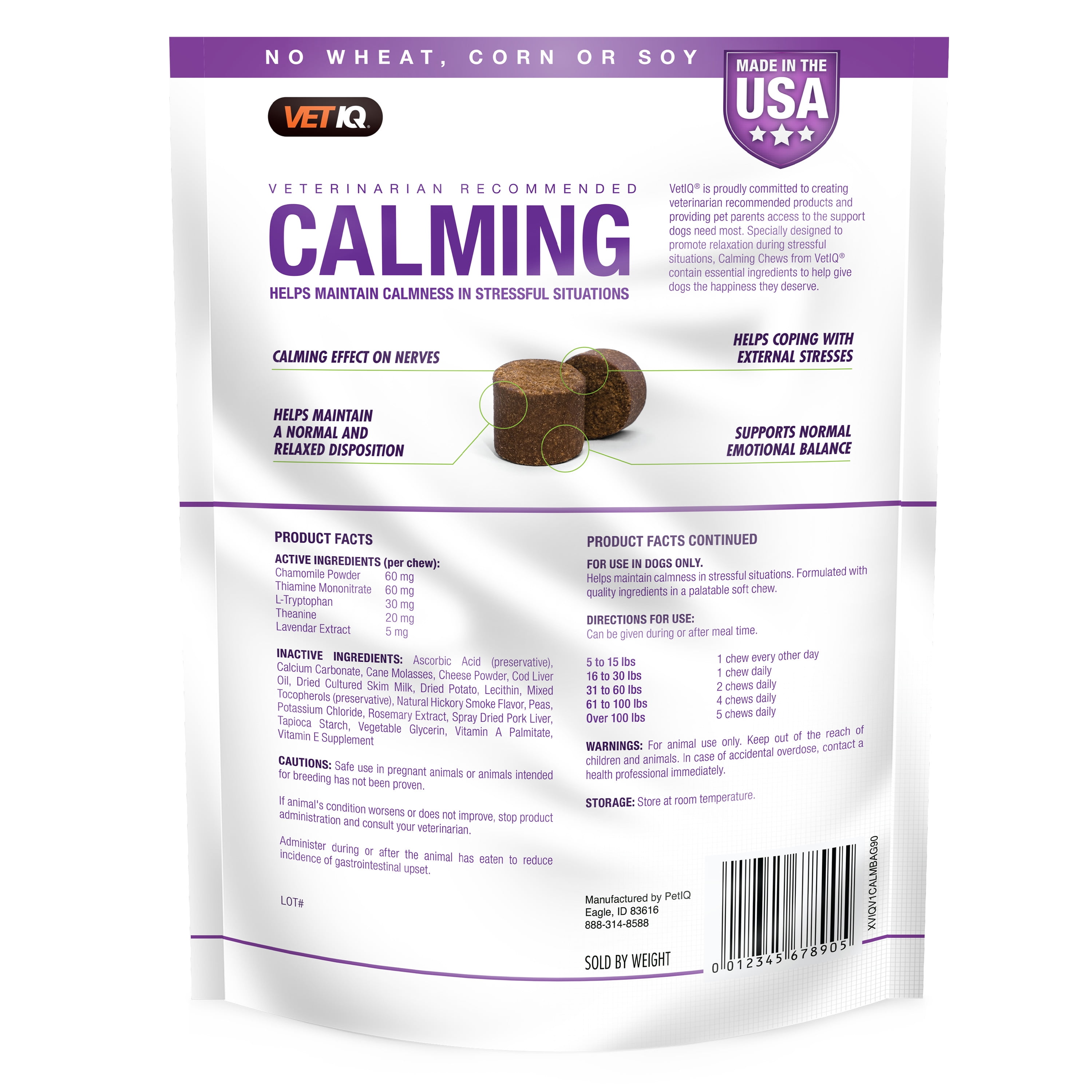 VetIQ Calming Supplement for Dogs, Hickory Smoke Flavored Soft Chews, 90 Count, 11.1 oz